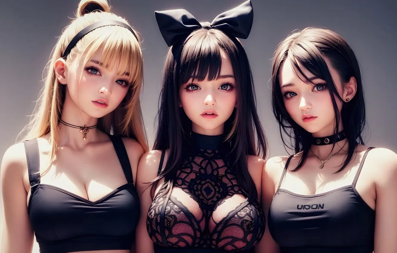 Photo wallpaper girl, Asian, brunette, blonde, tank top, group of women, short tops, black top
