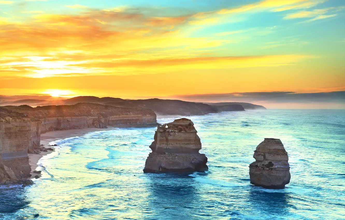 Photo wallpaper sea, the sky, the sun, clouds, sunset, the ocean, rocks, Australia