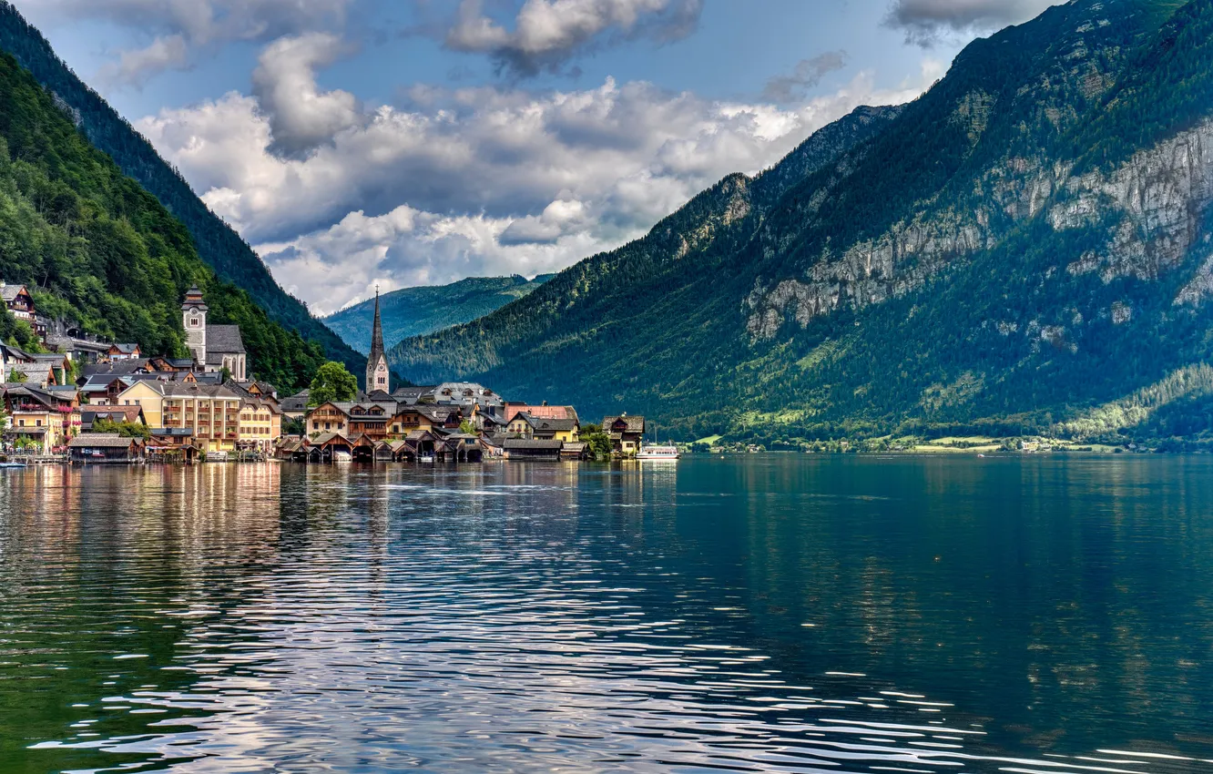 Photo wallpaper mountains, lake, home, Austria, Hallstatt