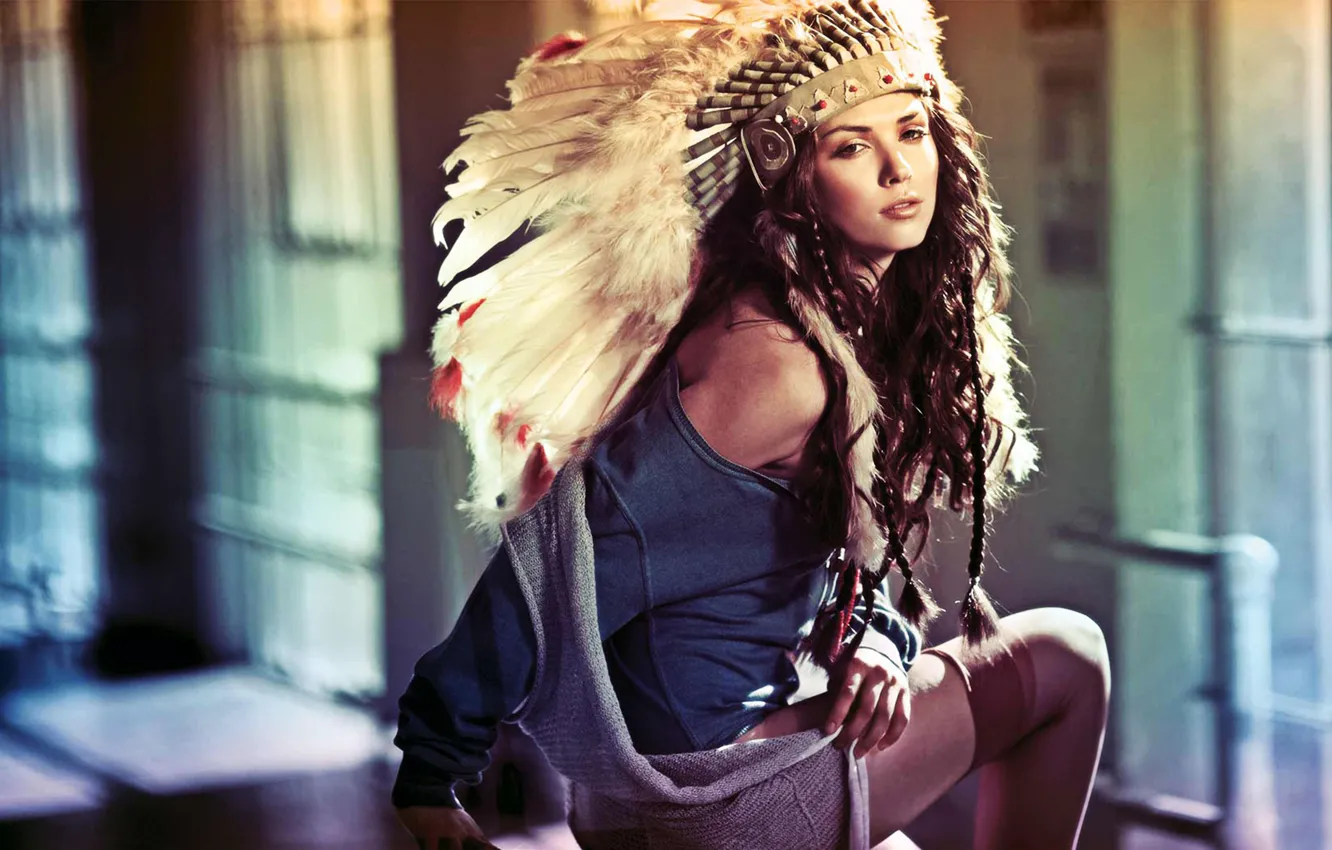 Photo wallpaper sexy, woman, background, feathers, cacique