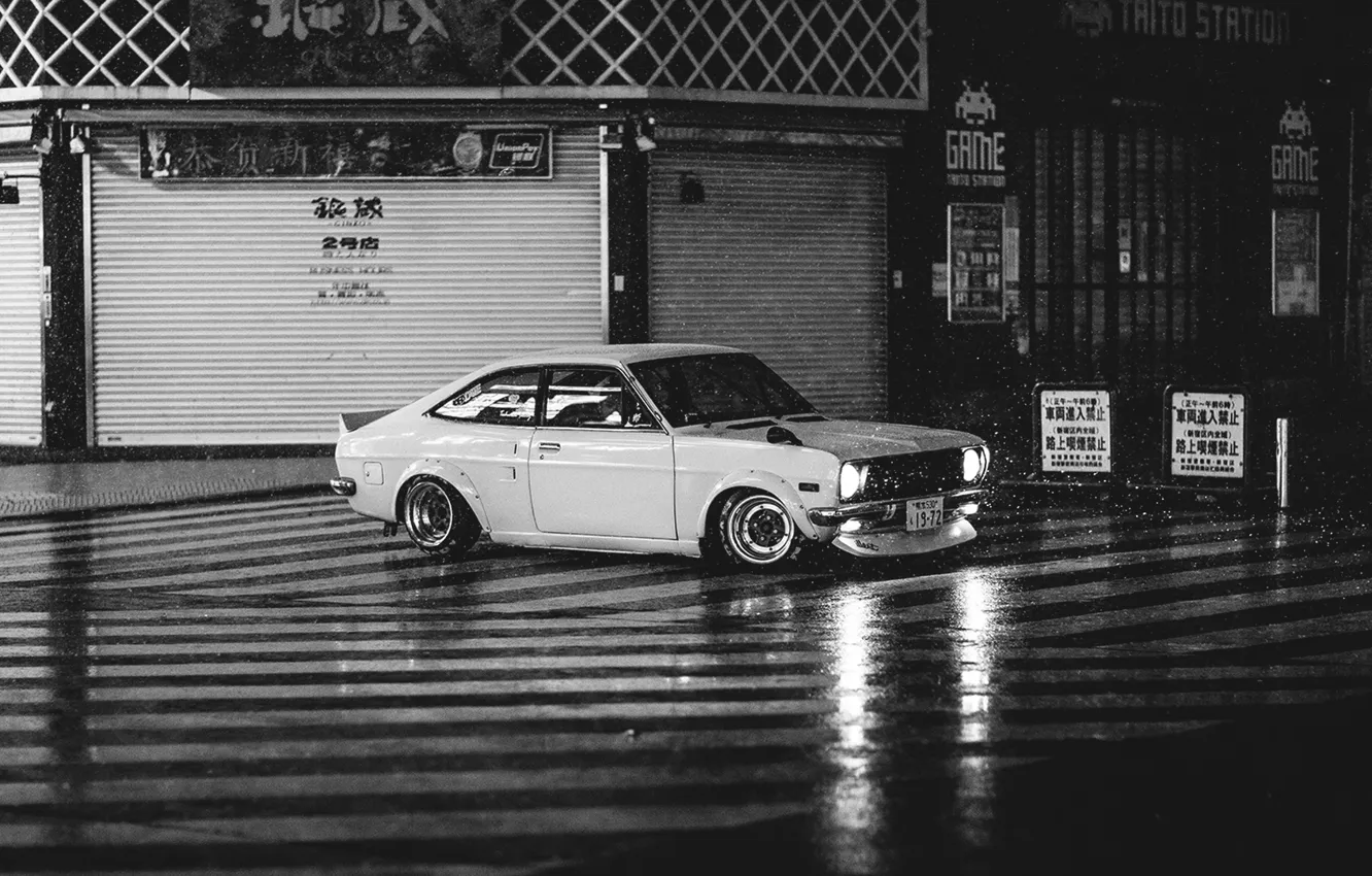 Photo wallpaper machine, photo, rain, black and white, rain, datsun, Datsun