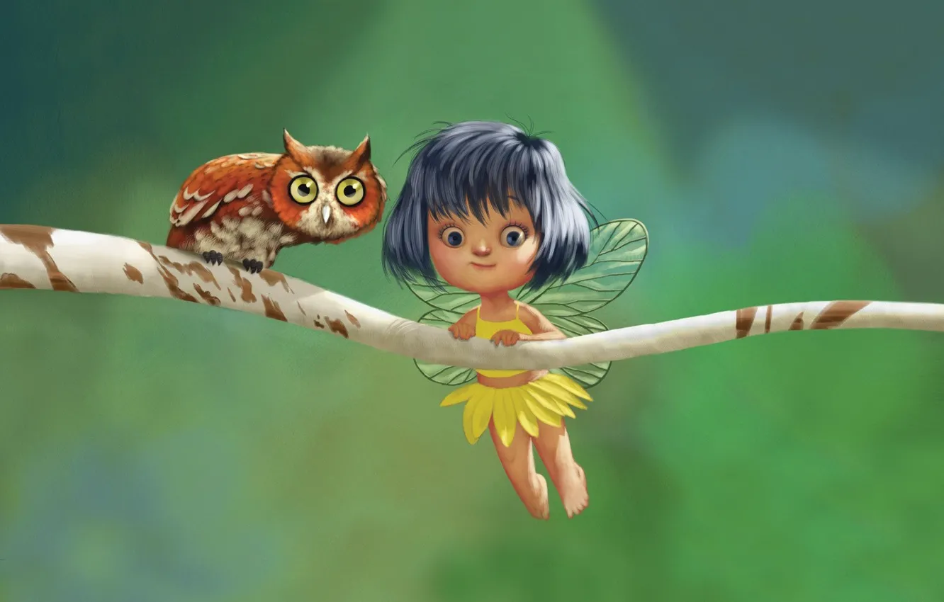 Photo wallpaper owl, figure, branch, girl