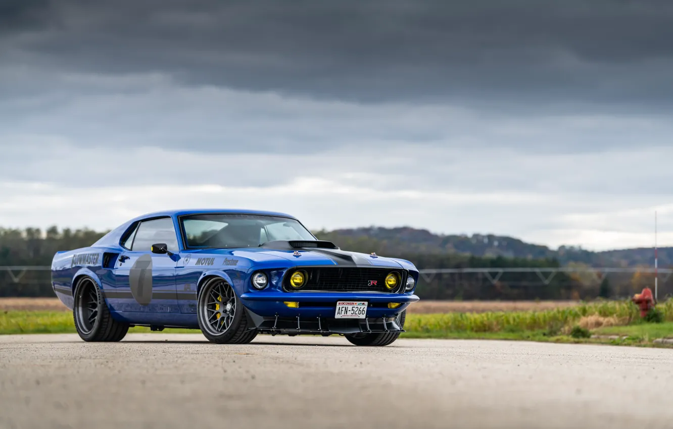 Photo wallpaper Ford, Road, Mountain, 1969, Ford Mustang, Muscle car, Mach 1, Classic car