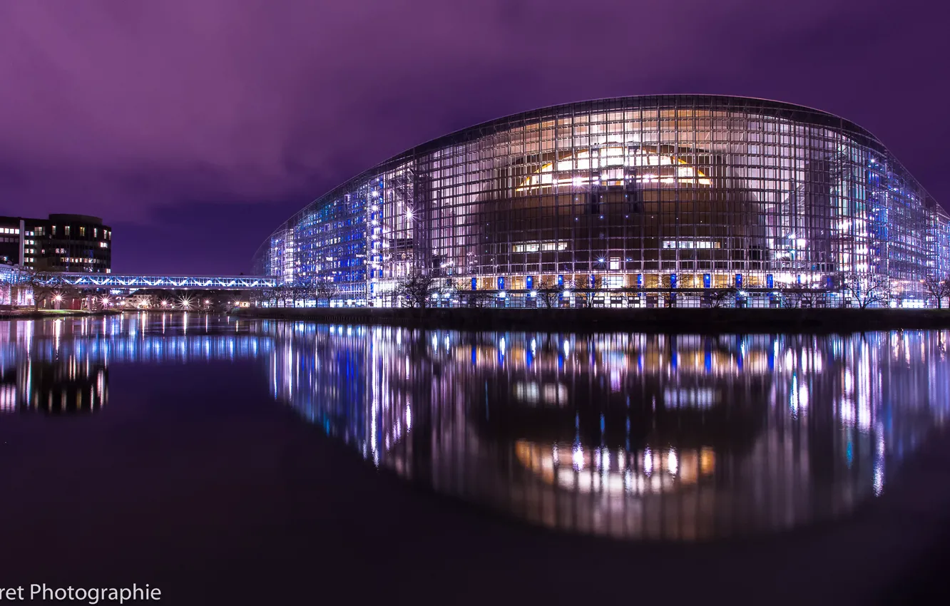 Photo wallpaper night, the city, lights, reflection, France, the evening, backlight, Strasbourg