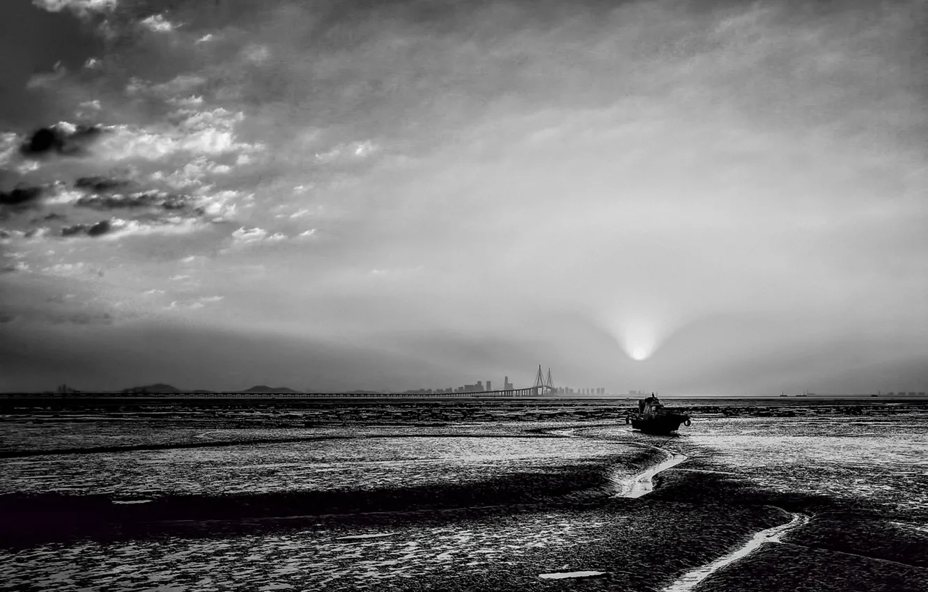 Photo wallpaper bridge, dawn, boat, morning, Korea, Korea, Incheon, Incheon