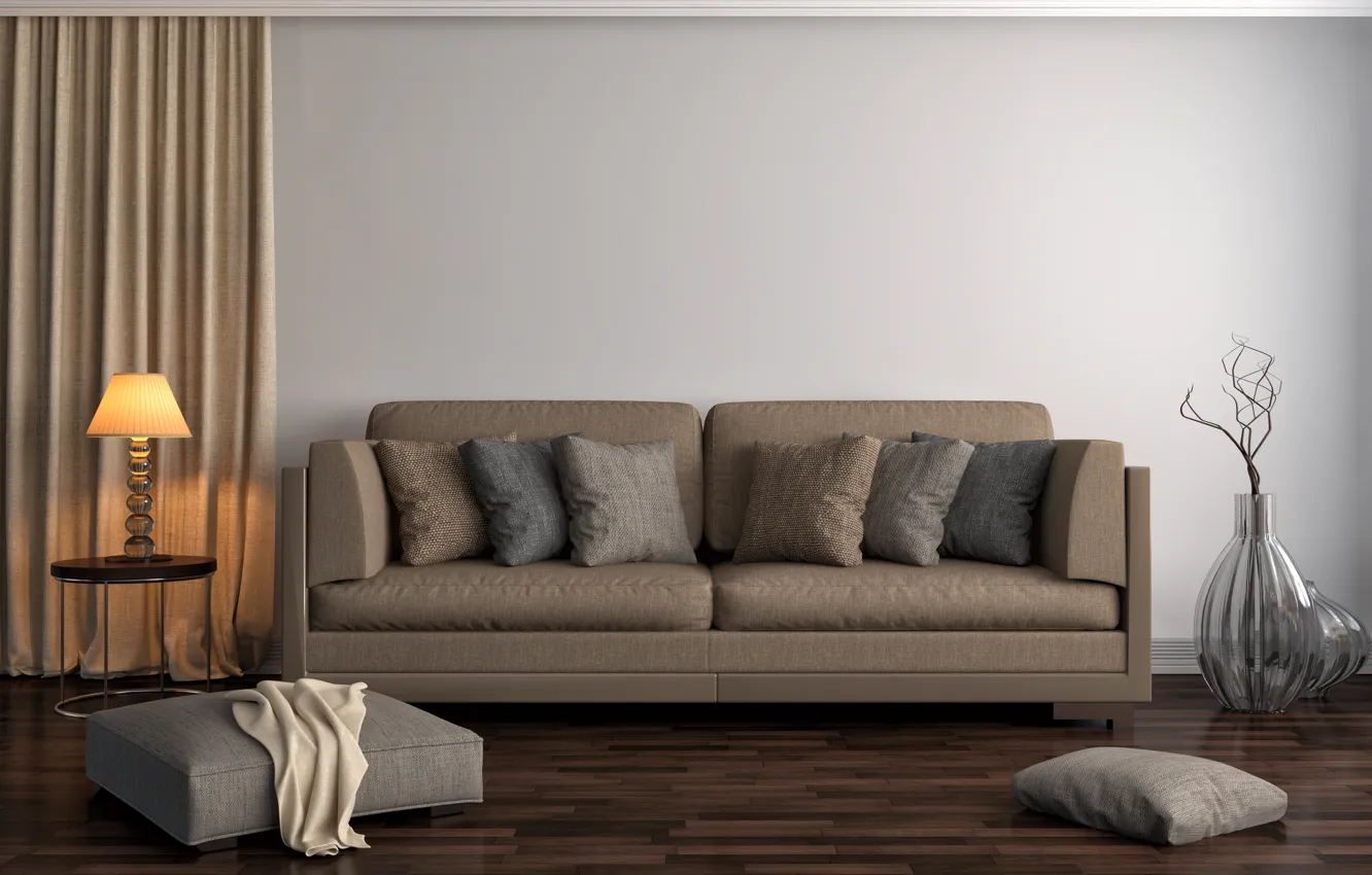 Photo wallpaper design, sofa, lamp, interior, pillow, Ottoman, living room, vases