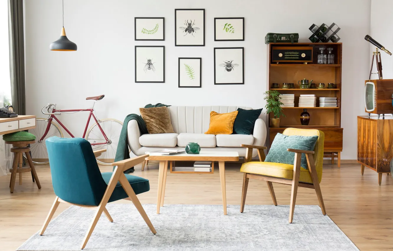 Photo wallpaper design, interior, vintage, retro style, living room, vintage style