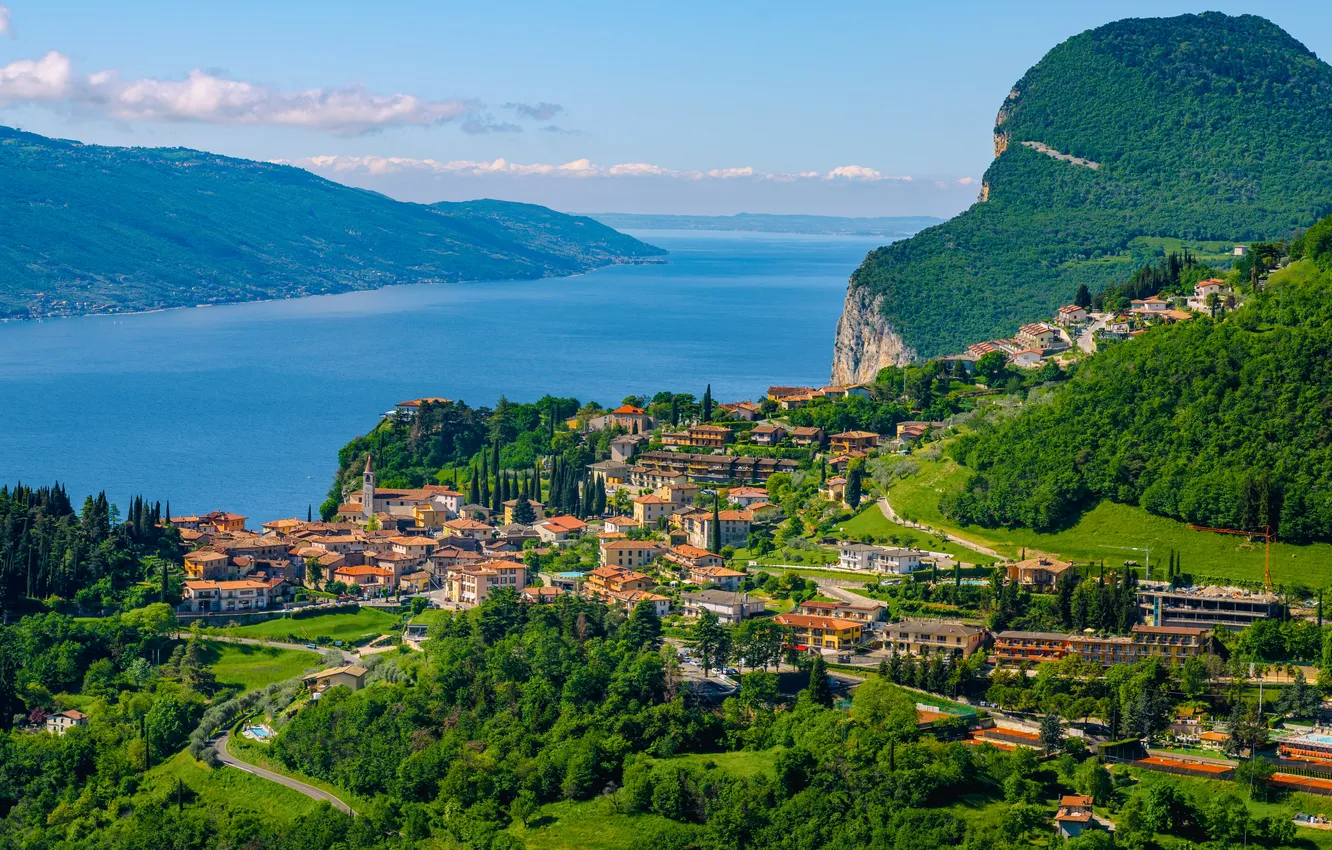 Photo wallpaper green, summer, sky, Italy, lake, Town, Lake Garda