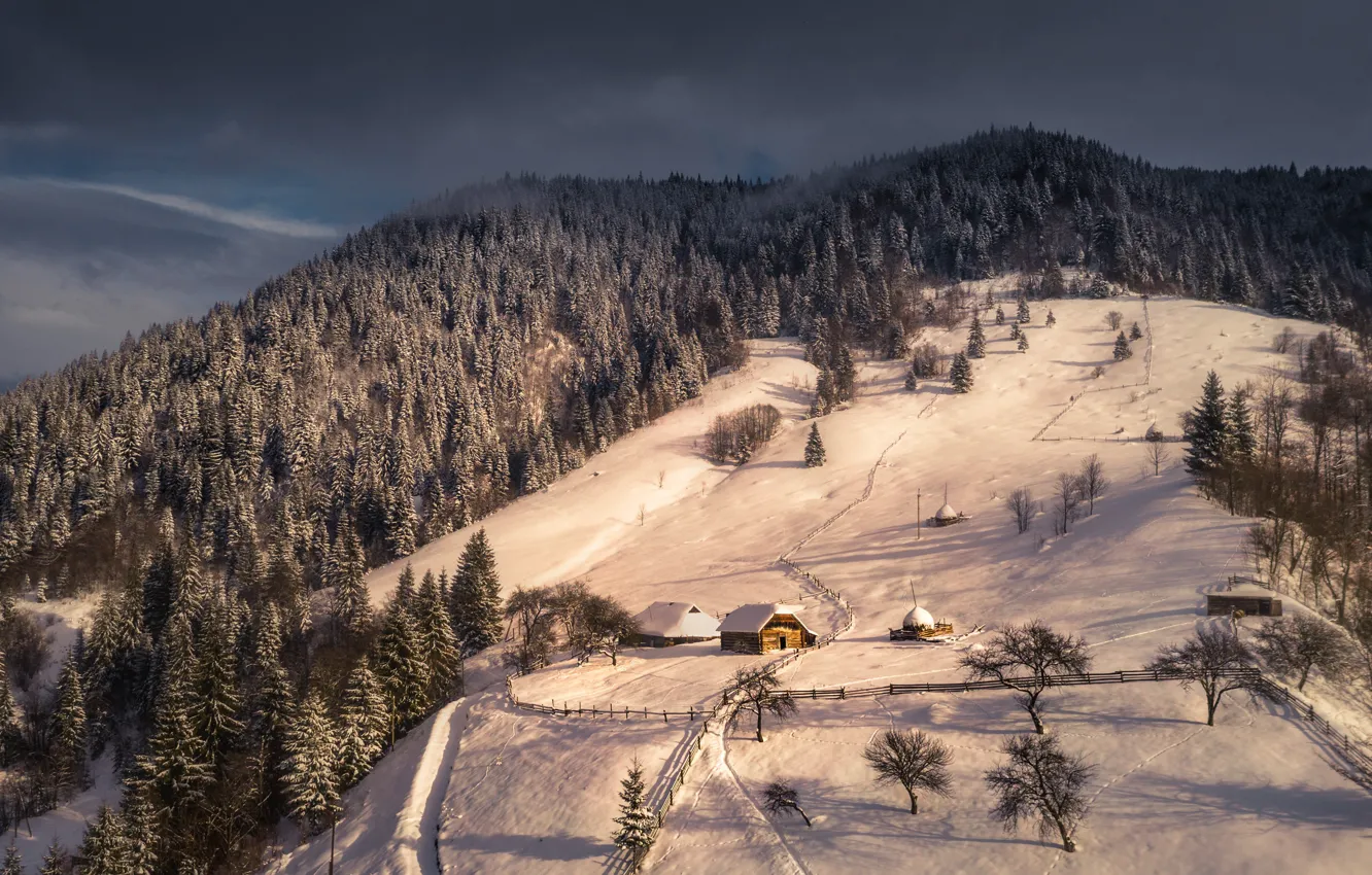 Photo wallpaper winter, forest, snow, landscape, mountains, nature, slope, house