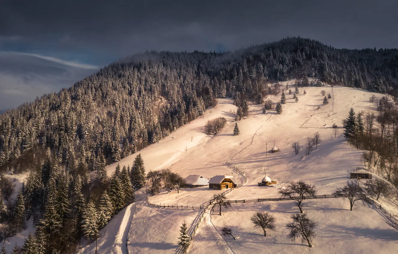 Photo wallpaper winter, snow, landscape, mountains, nature, slope, houses, forest