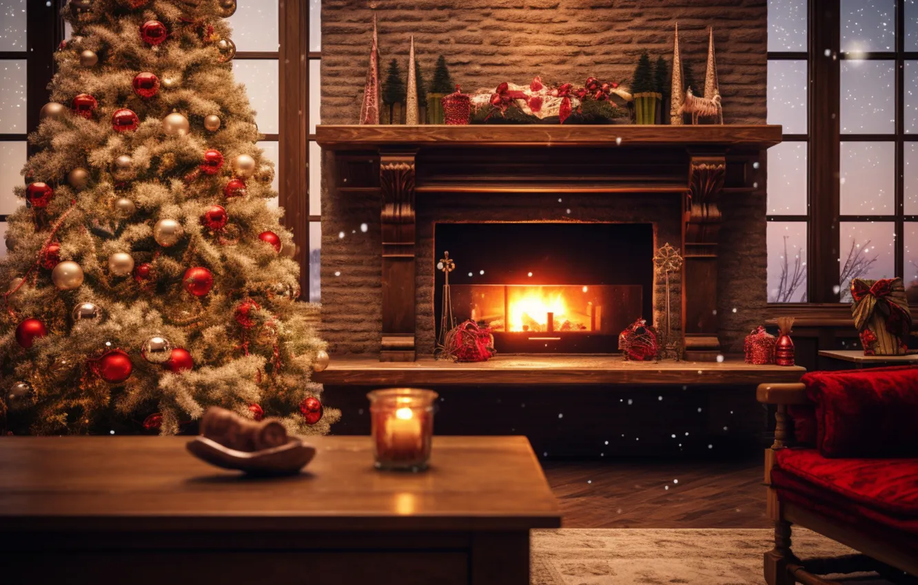 Photo wallpaper decoration, room, tree, new year, interior, Christmas, fireplace, Christmas