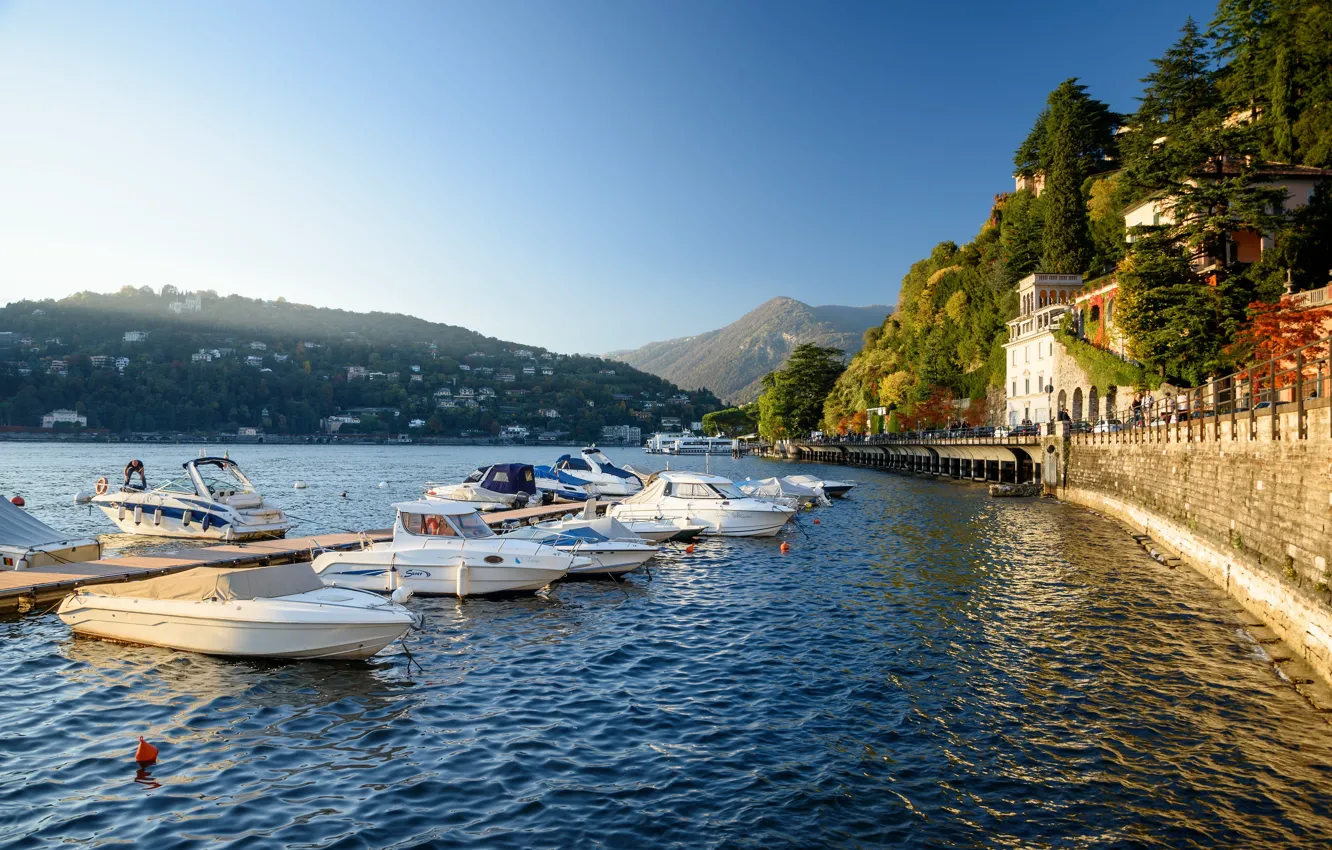 Photo wallpaper lake, boats, pier, Italy, Parking, Como