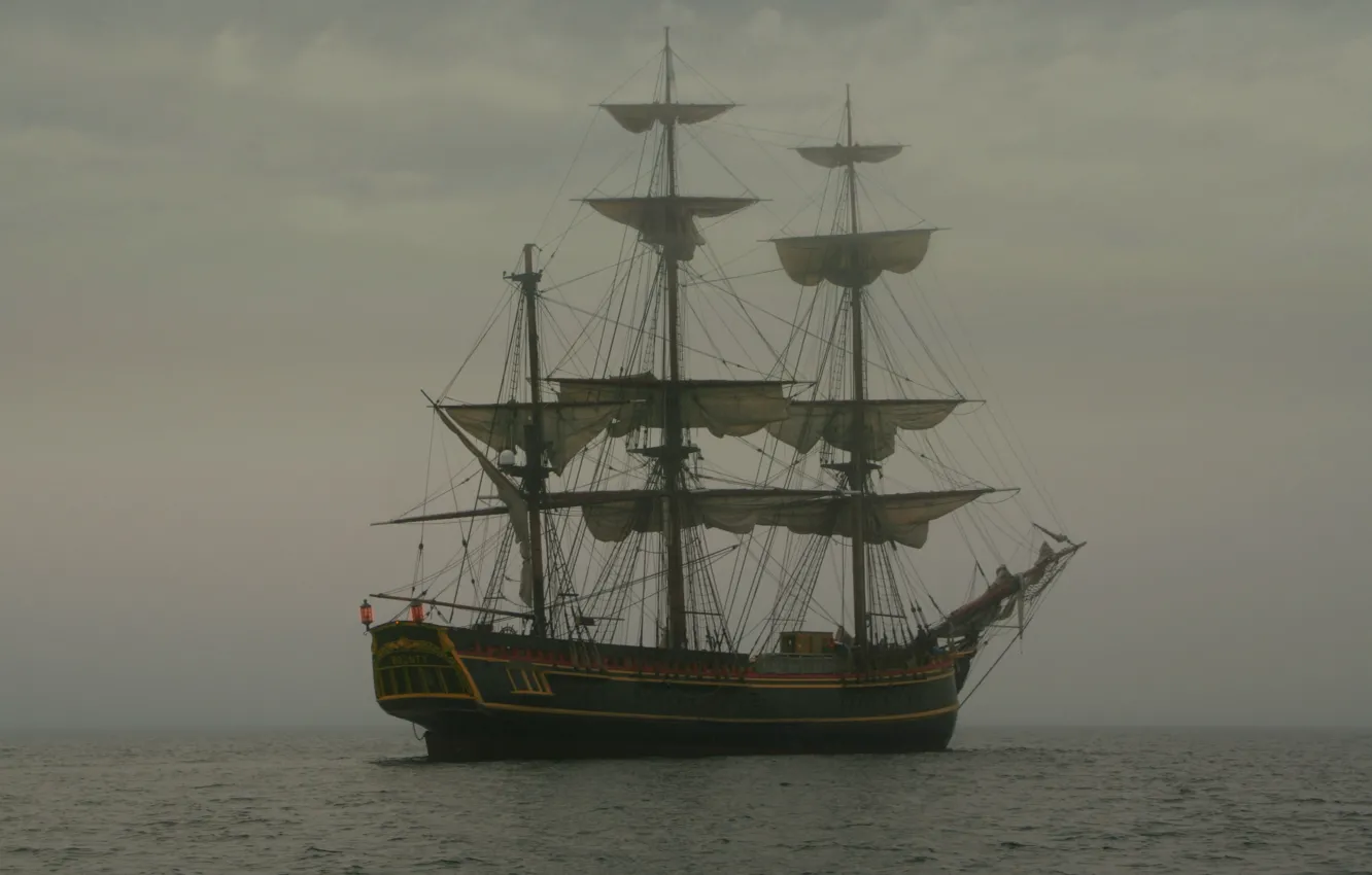 Photo wallpaper sea, clouds, sailboat, haze, twilight