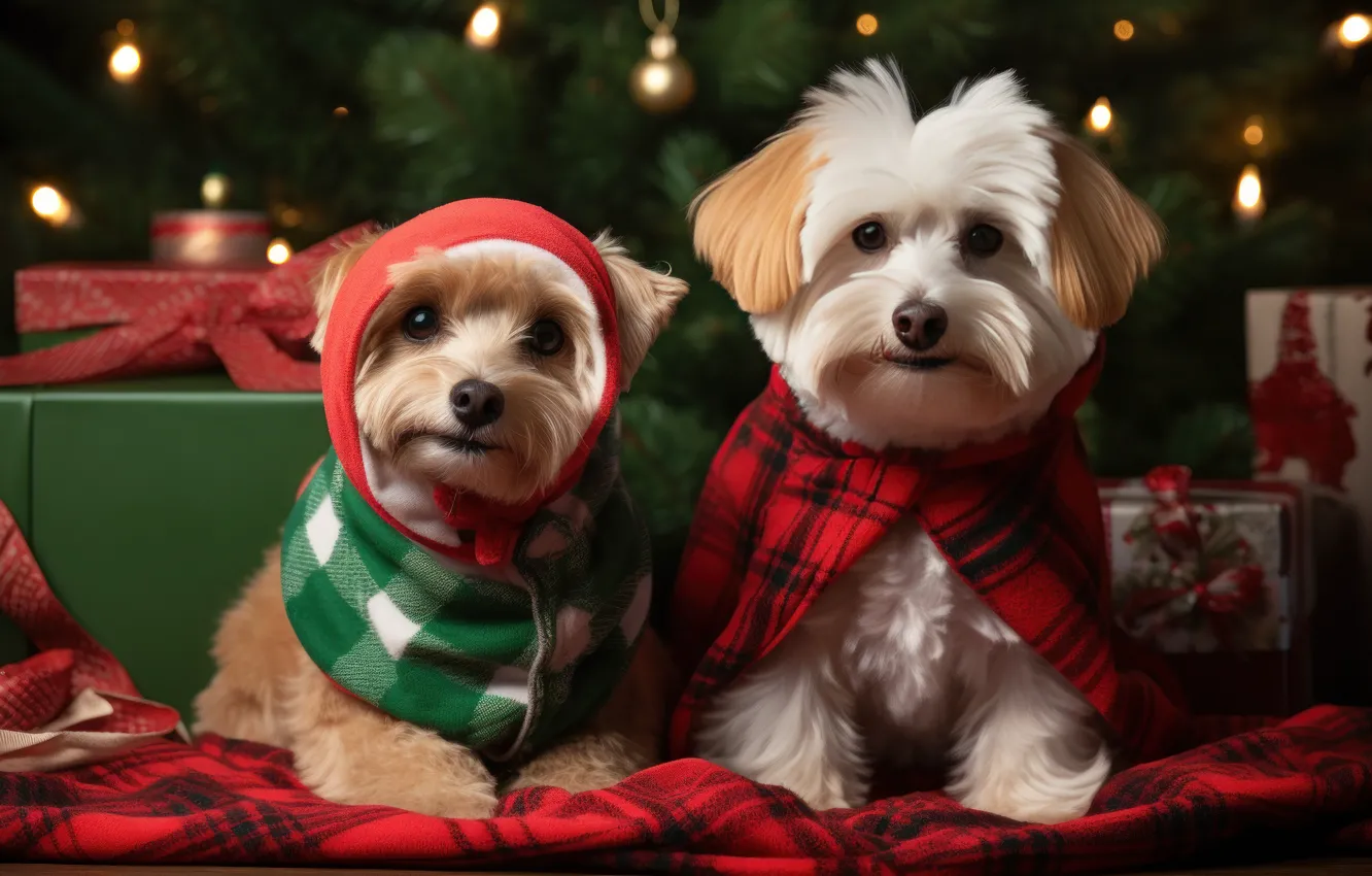 Photo wallpaper look, pose, new year, portrait, dog, Christmas, face, a couple