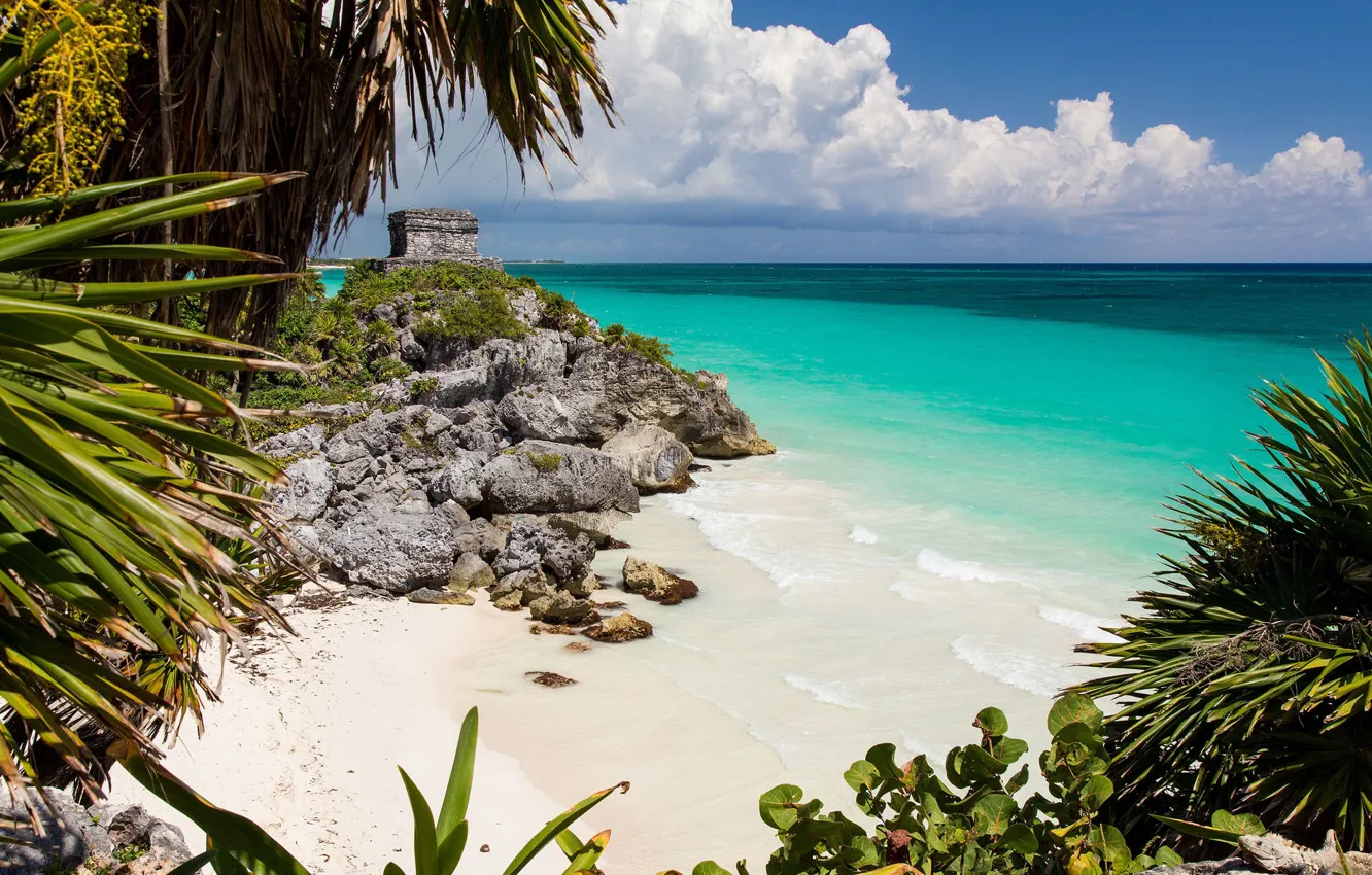 Photo wallpaper beach, the ocean, Mexico, ruins, Mexico, Caribbean Sea, Tulum, Mayan ruins