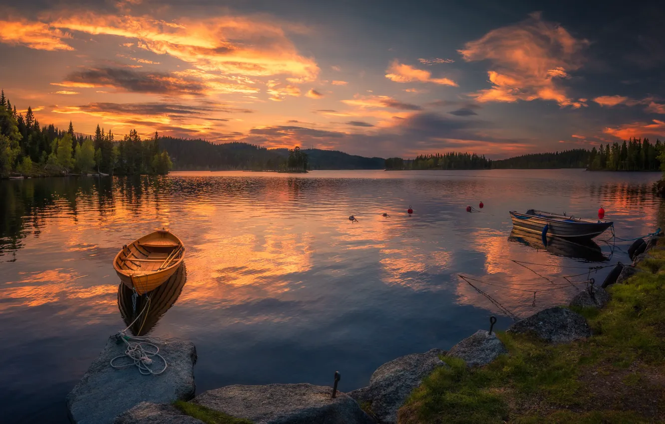 Photo wallpaper the sky, sunset, lake, boats, Norway, Norway, Ringerike, Ole Henrik Skjelstad