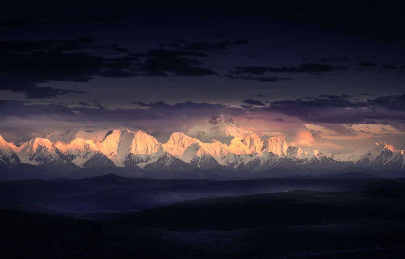 Photo wallpaper sky, mountains, sunrise, Tibet, The Himalayas, Himalayas, mounts