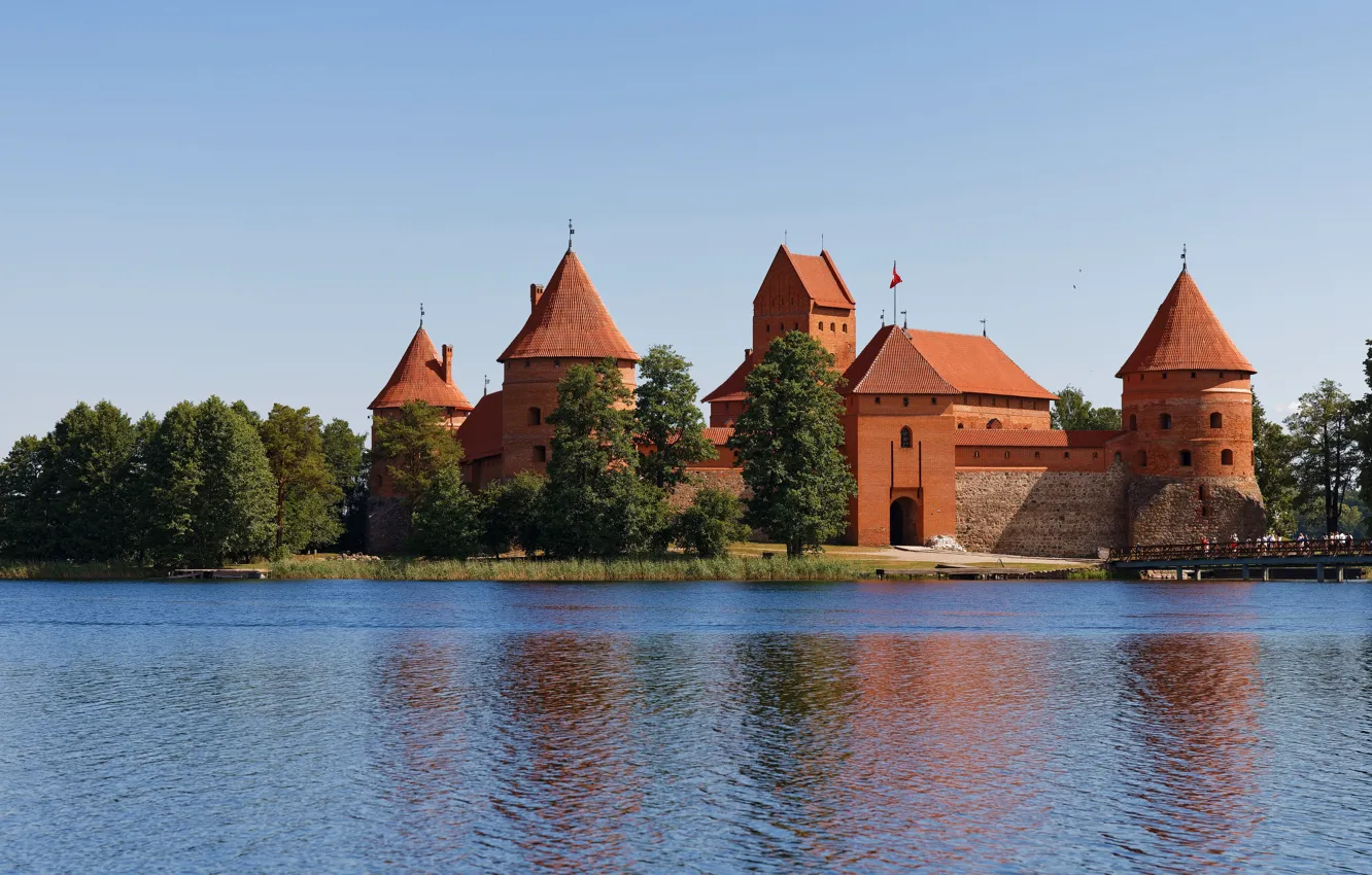 Photo wallpaper water, lake, castle, island, Lithuania, Trakai castle, Trakai, Lake Galve