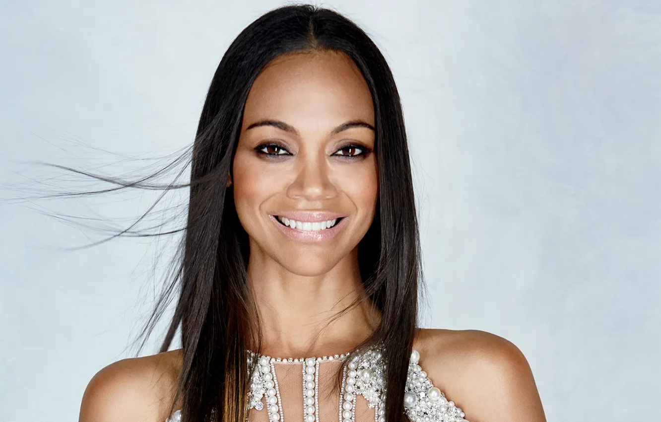 Photo wallpaper smile, model, makeup, actress, brunette, hairstyle, photographer, Zoe Saldana