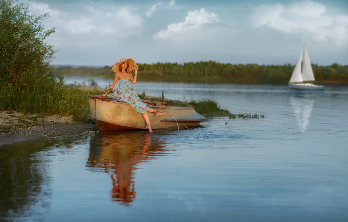 Photo wallpaper summer, girl, pose, river, boat, hat, Christina, Andrey Metelkov