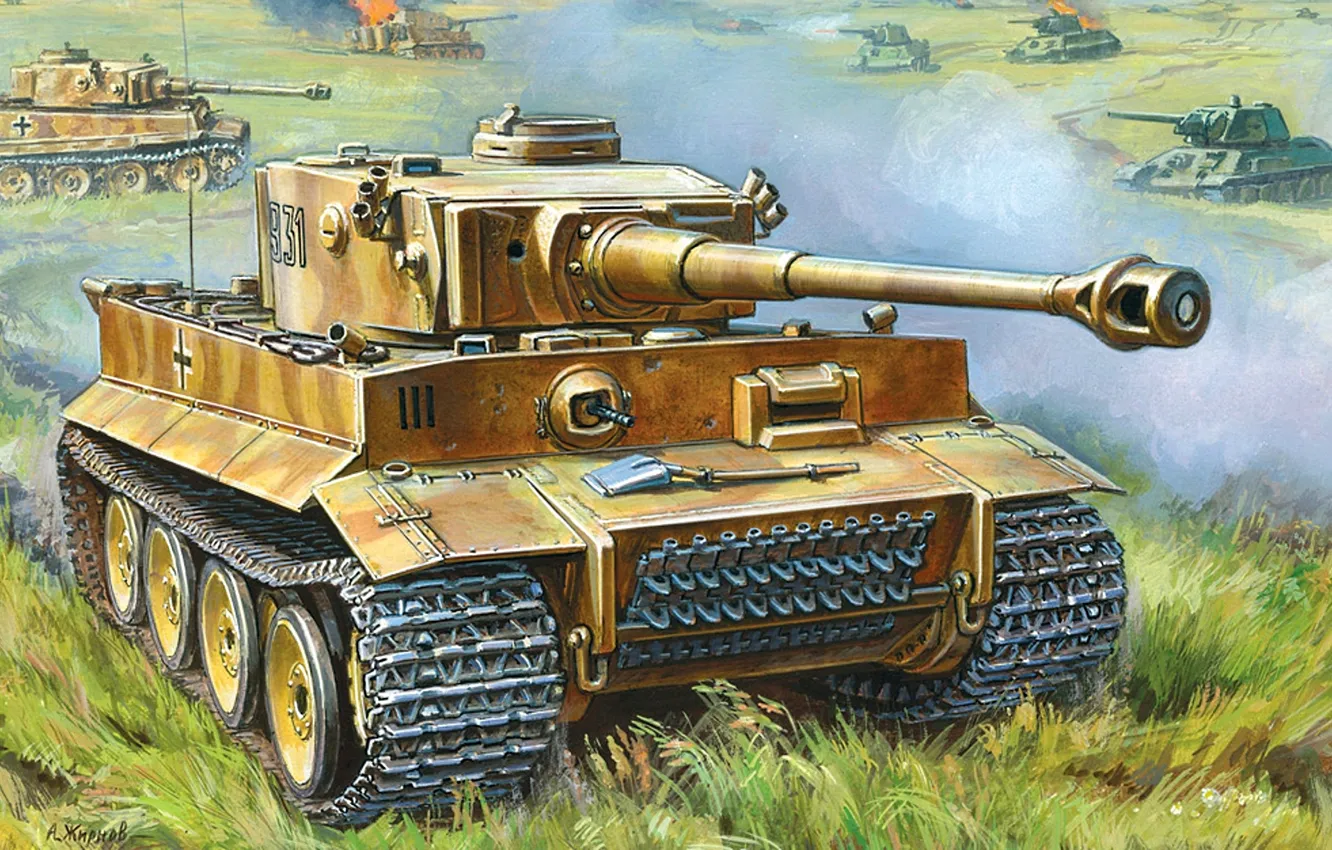 Photo wallpaper field, battle, art, tanks, The great Patriotic war, German, heavy, Panzerkampfwagen VI