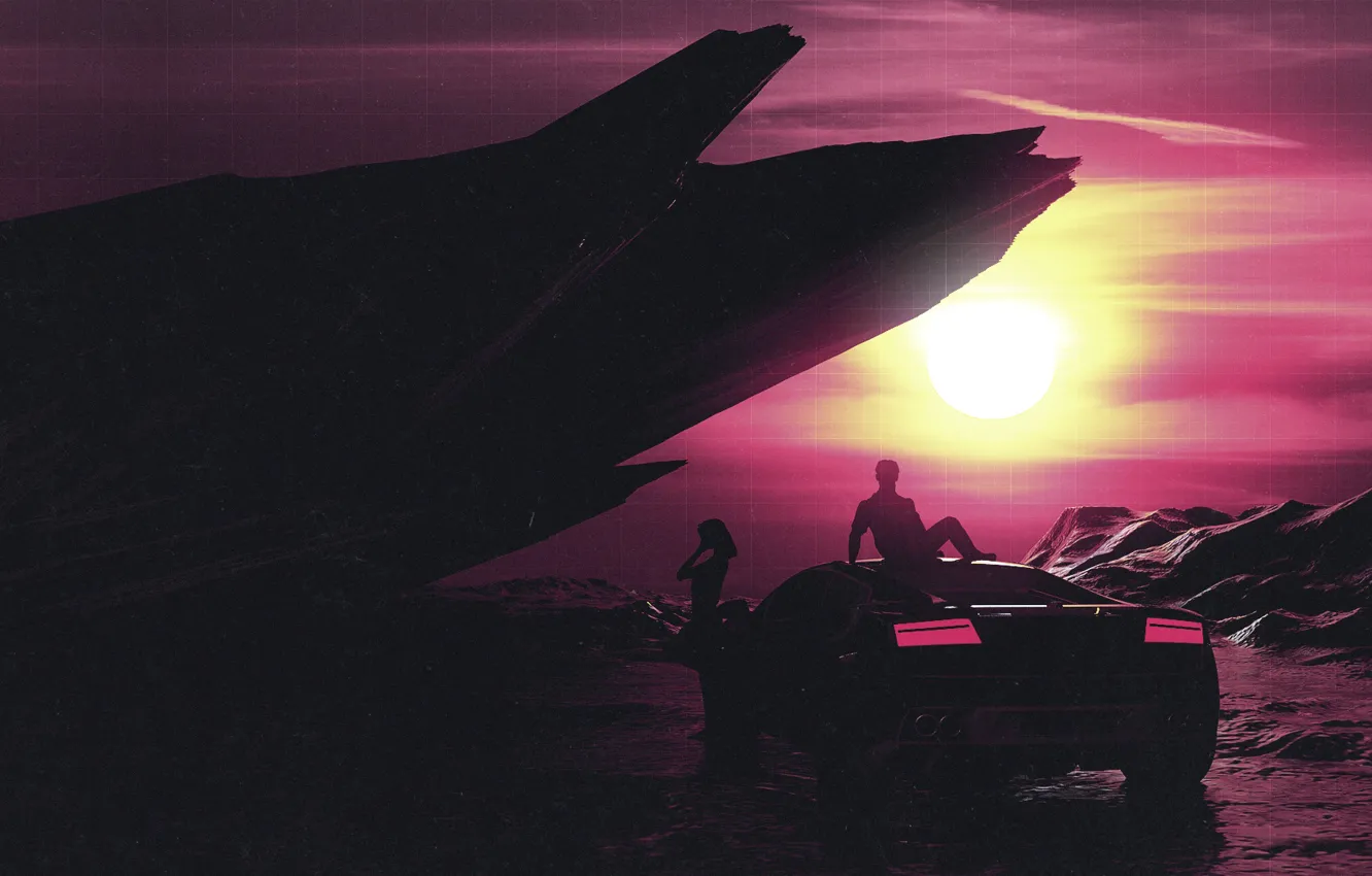 Photo wallpaper machine, auto, girl, the sun, sunset, style, music, rendering