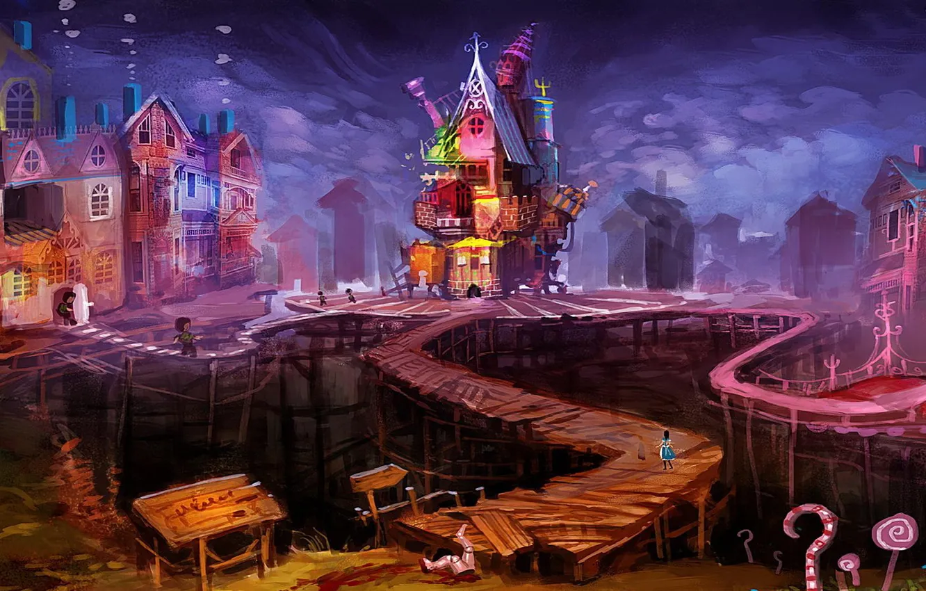 Photo wallpaper clouds, bridge, Alice, gloom, quirkiness, dollhouse