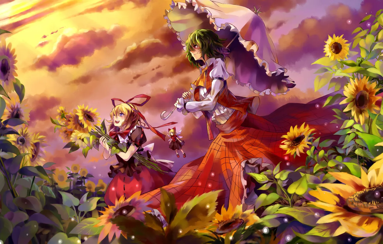 Photo wallpaper girl, sunflowers, sunset, flowers, umbrella, umbrella, art, touhou