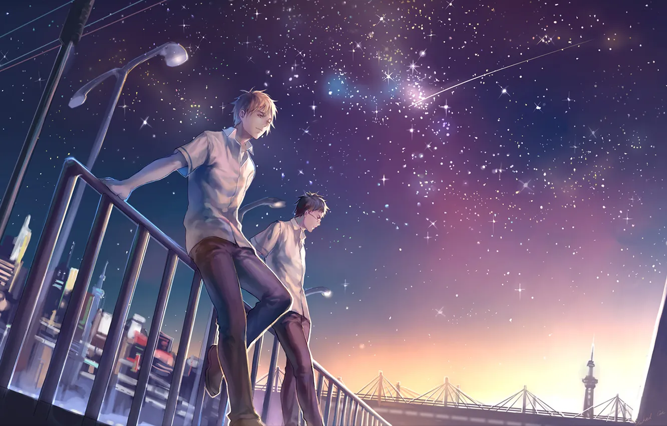 Photo wallpaper stars, night, the city, lights, guy, shooting star, Kuroko from Basket, Kiyoshi Teppei