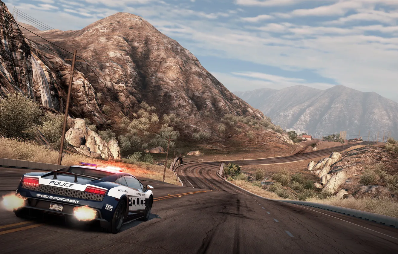 Photo wallpaper mountains, track, police, Lamborghini, highway, need for speed hot pursuit
