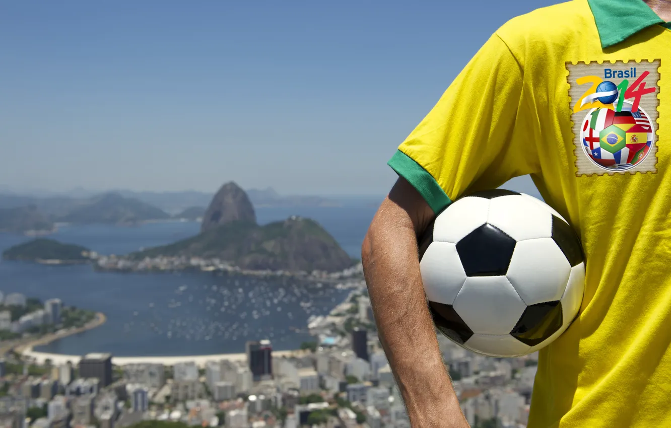 Photo wallpaper the ball, t-shirt, logo, football, flag, World Cup, Brasil, FIFA