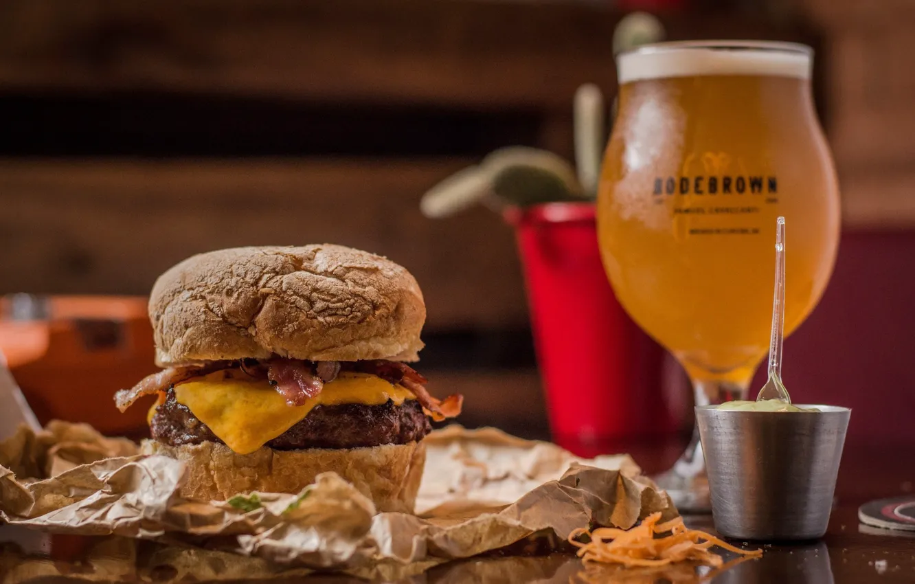 Photo wallpaper glass, food, beer, sandwich, hamburger, mustard