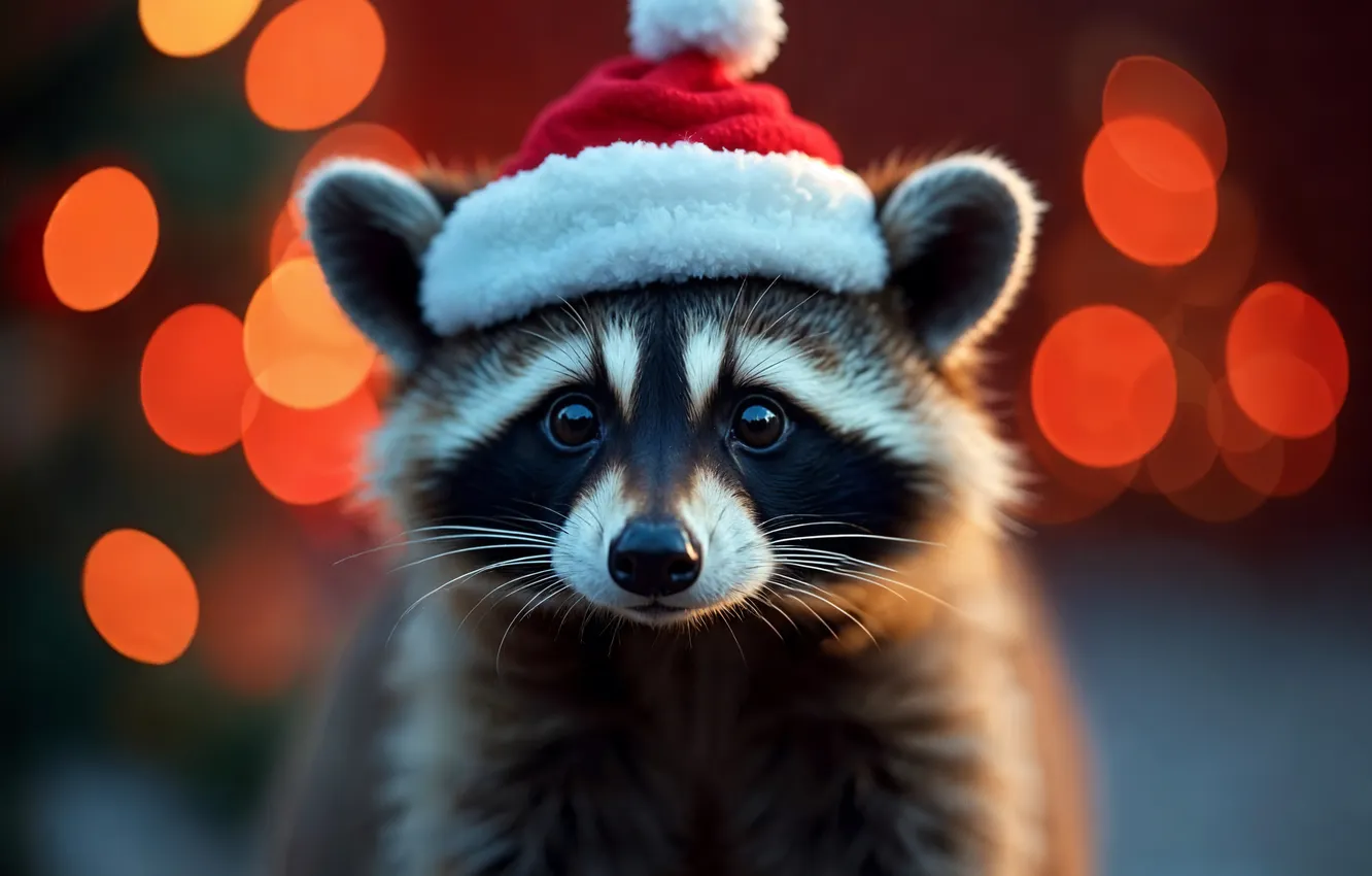 Photo wallpaper new year, Christmas, raccoon, Christmas, bokeh, cute, Santa hat, raccoon