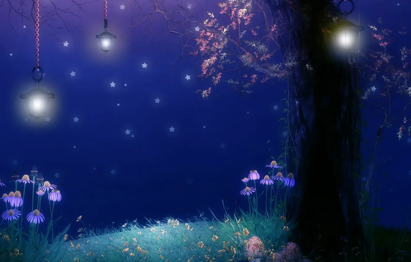 Photo wallpaper flowers, night, tree, foliage, mushrooms, stars, lights