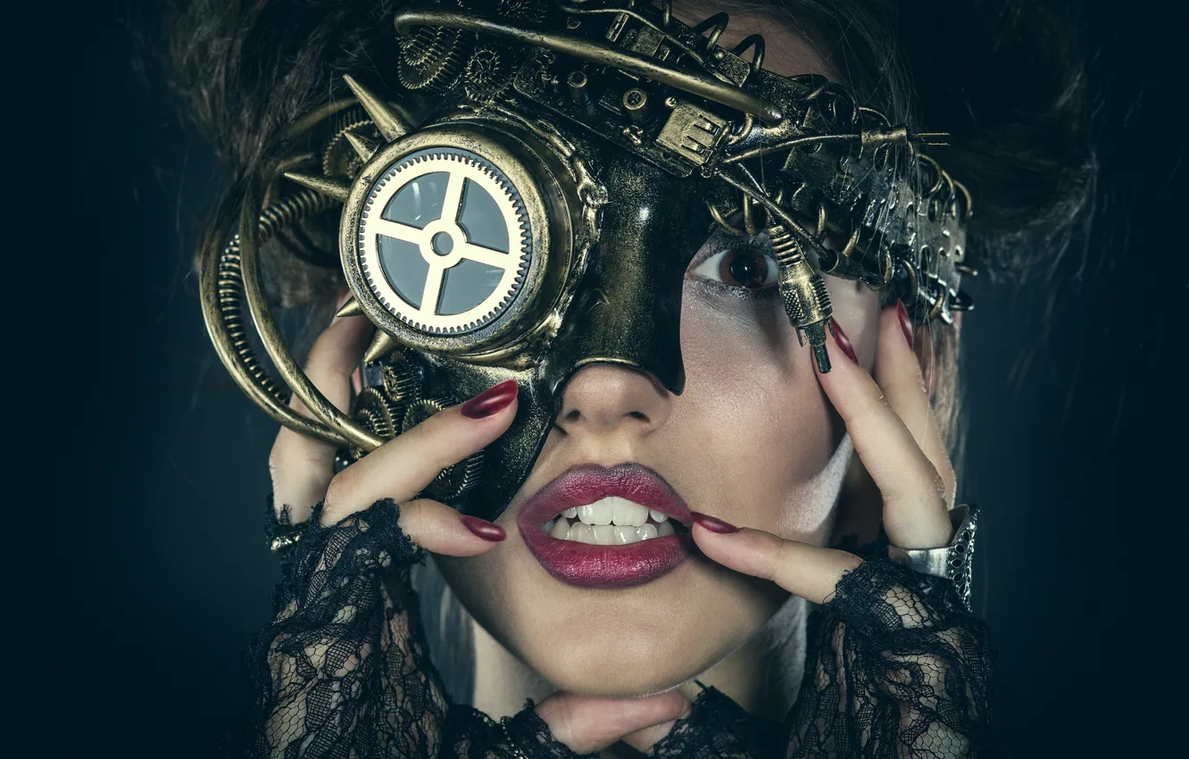 Photo wallpaper girl, face, style, hands, steampunk, sponge, manicure, mitts