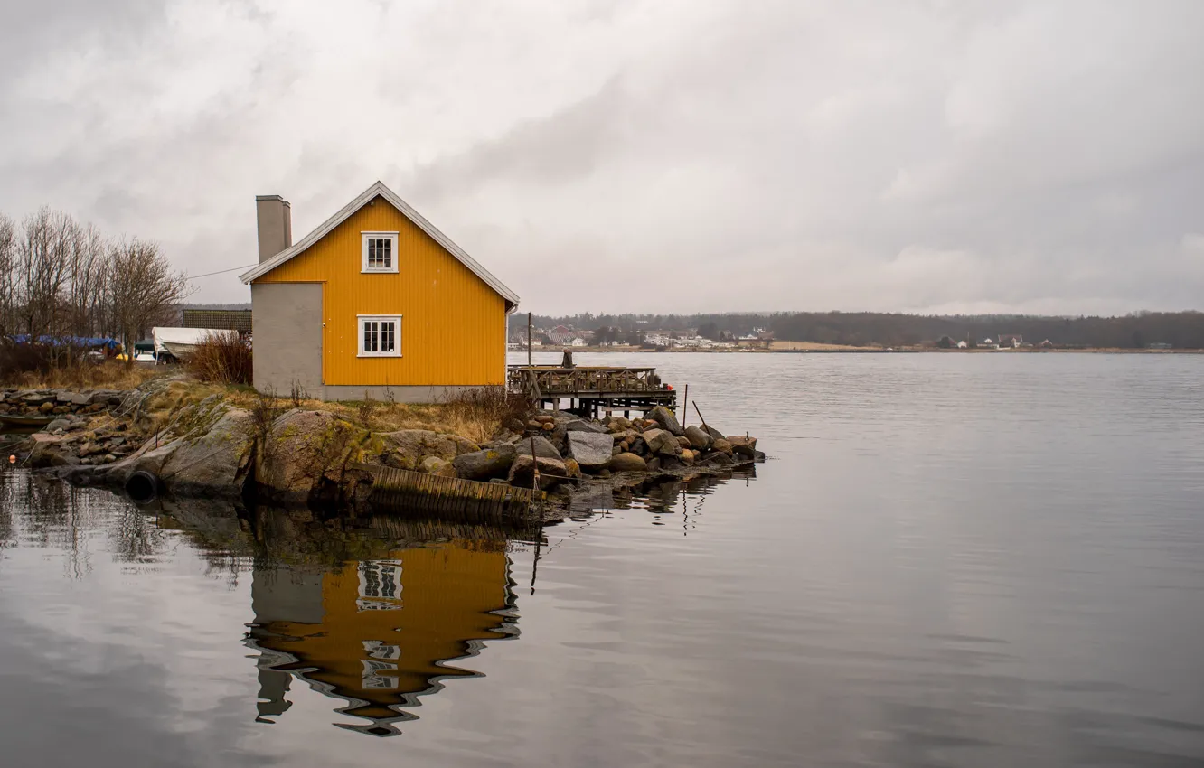 Photo wallpaper house, sea, water, reflection, boats, pier, gray clouds