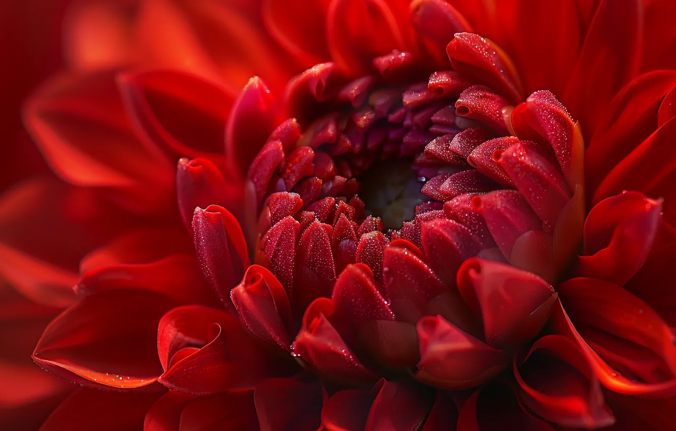 Photo wallpaper drops, macro, flowers, red, petals, dahlias, AI art, neural network