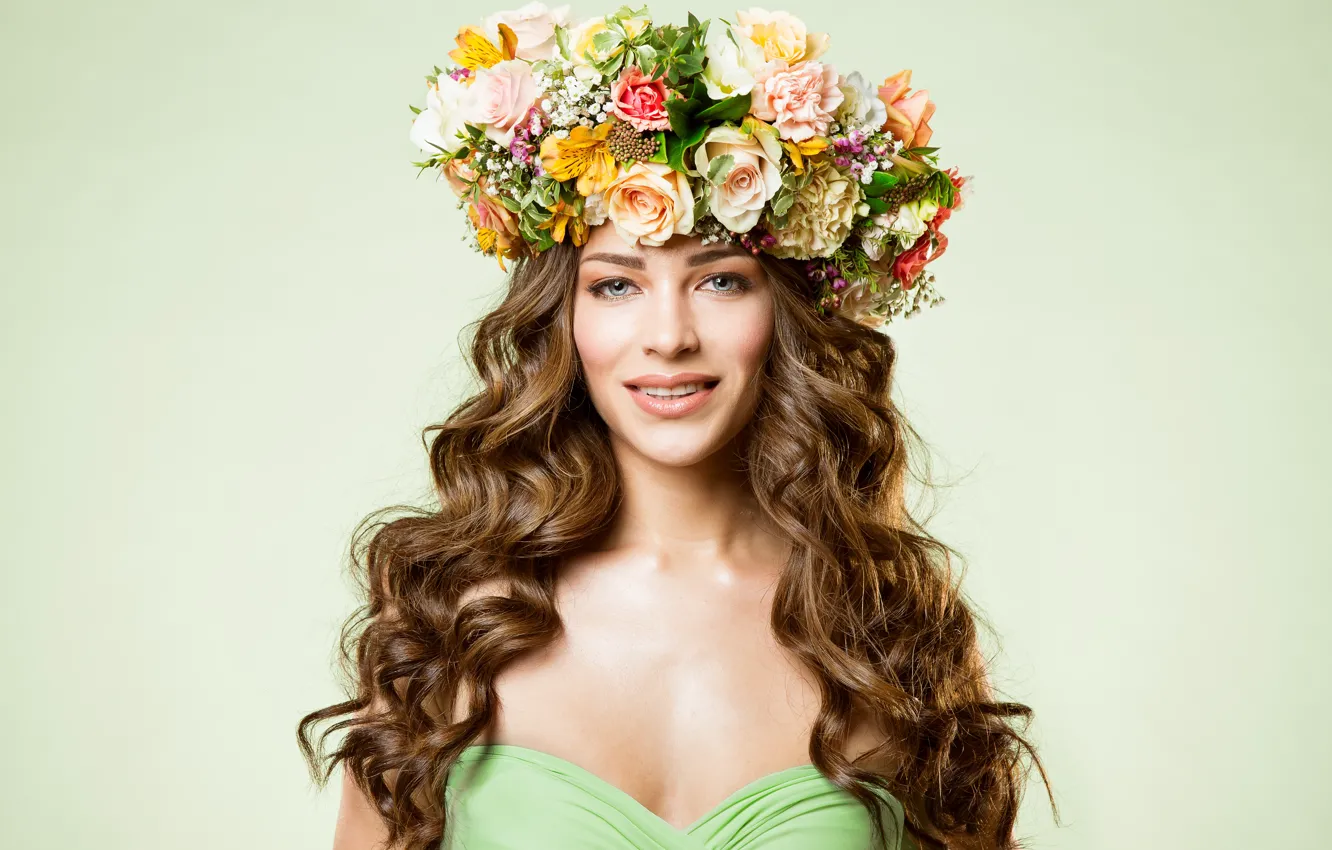 Photo wallpaper flowers, style, portrait, wreath, curls, Inara Prusakova