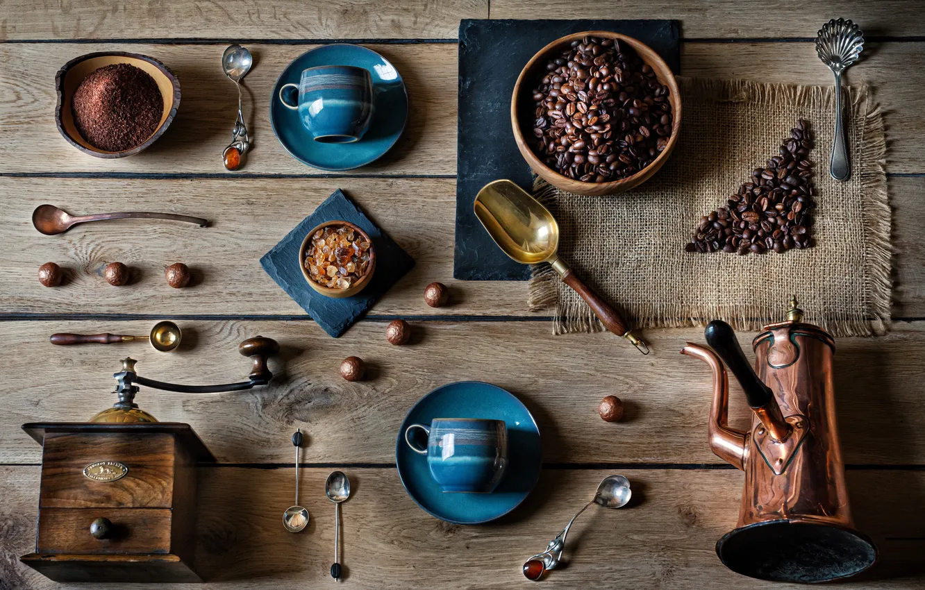 Photo wallpaper coffee, Cup, grain, coffee grinder, coffee pot