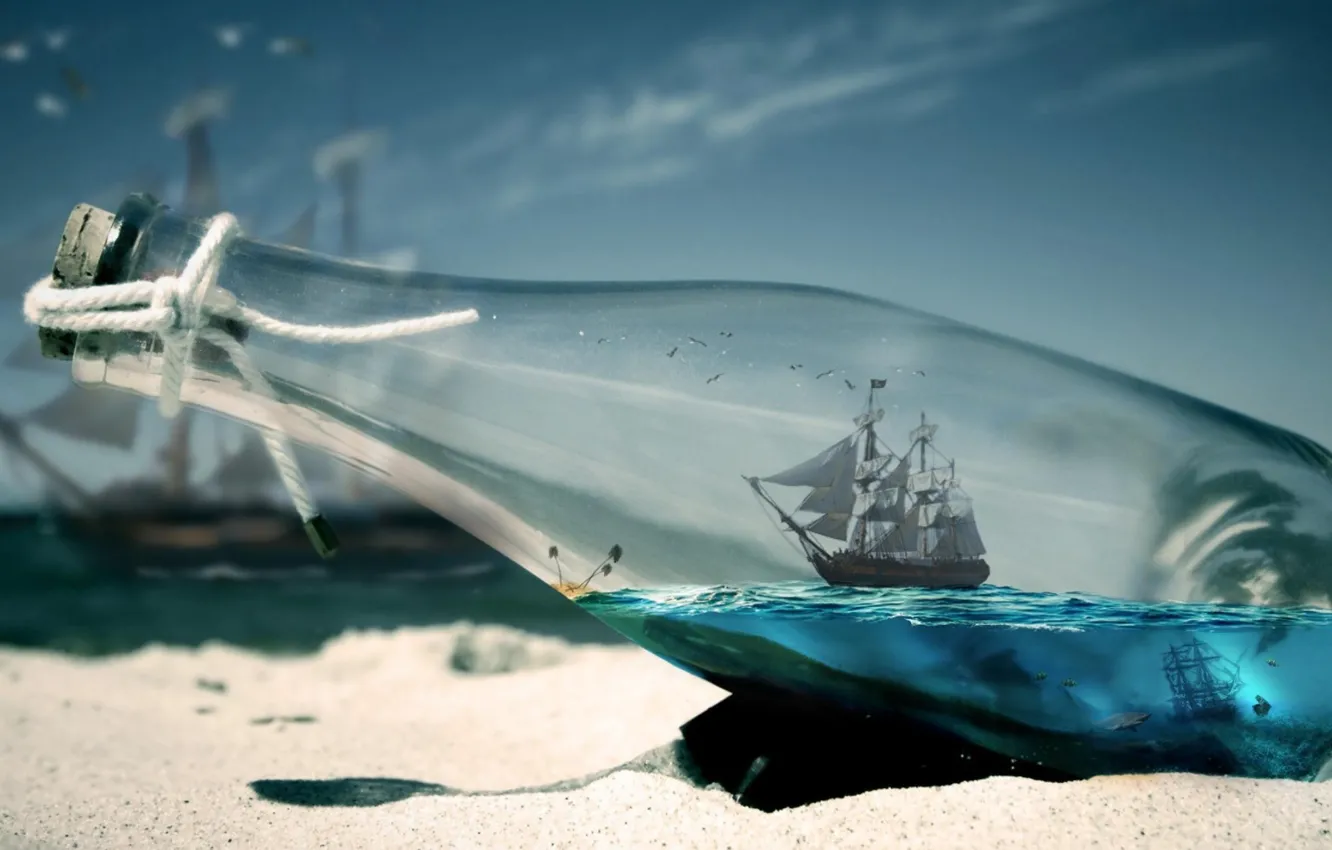 Photo wallpaper sand, sea, boat, in the bottle
