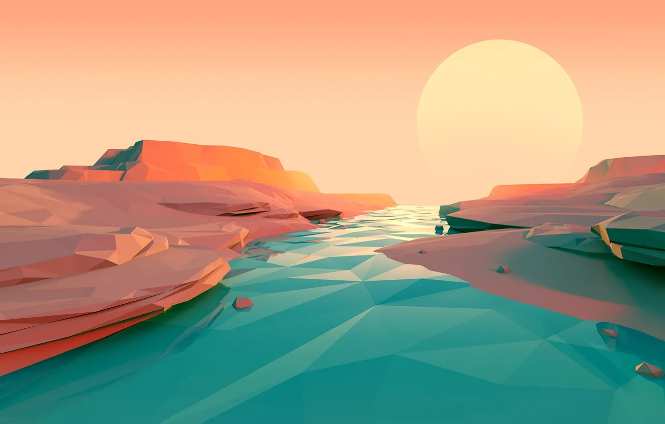 Photo wallpaper the sun, mountains, river, graphics, low poly