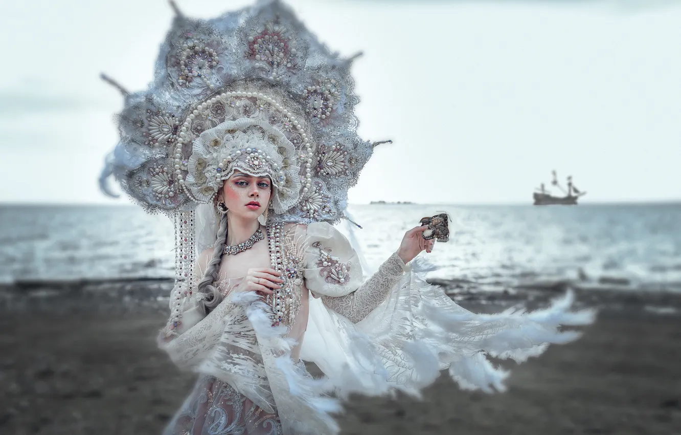 Photo wallpaper sea, girl, pose, lake, ship, gesture, pond, embroidery