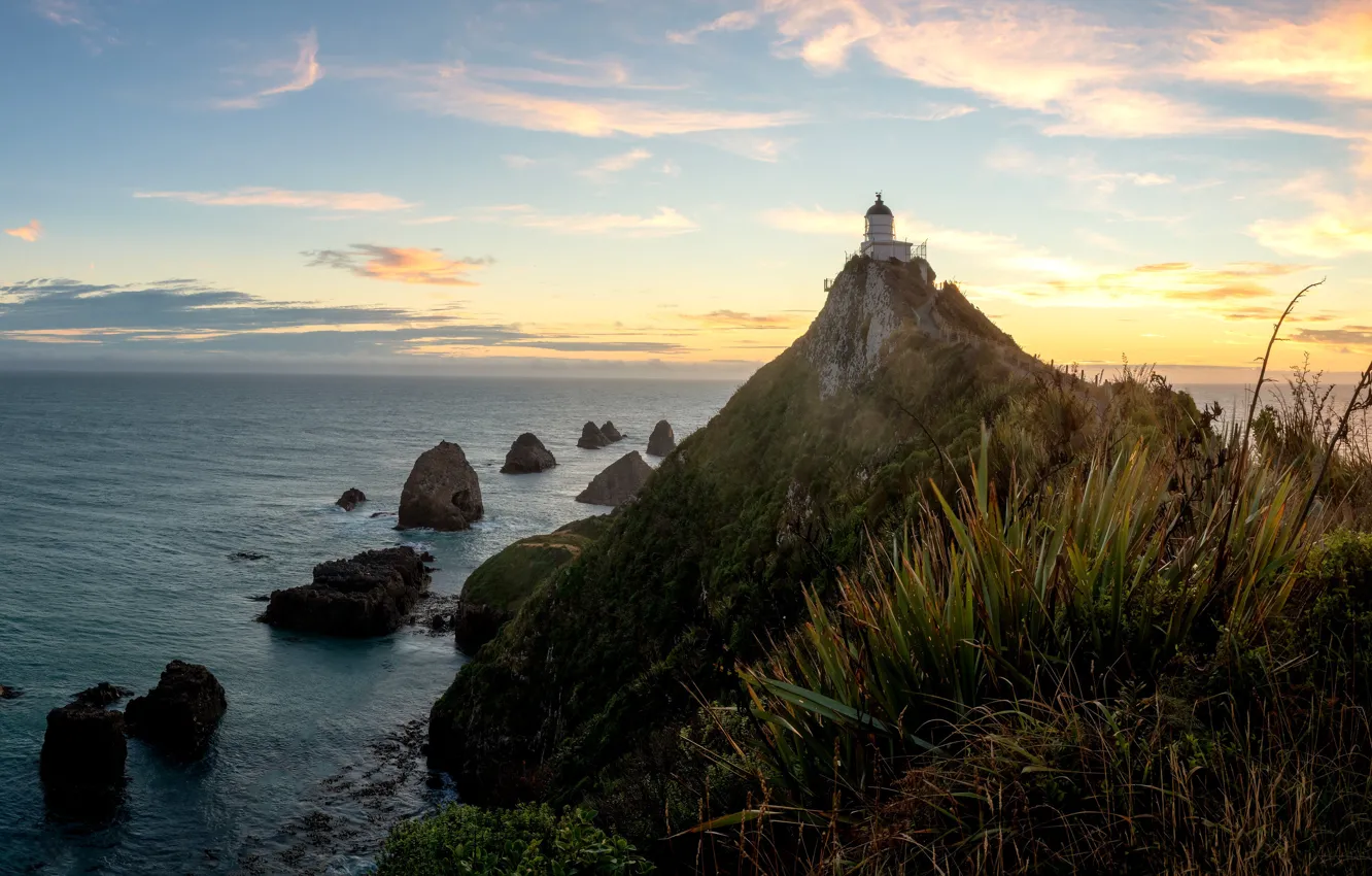 Photo wallpaper sea, grass, rocks, shore, lighthouse