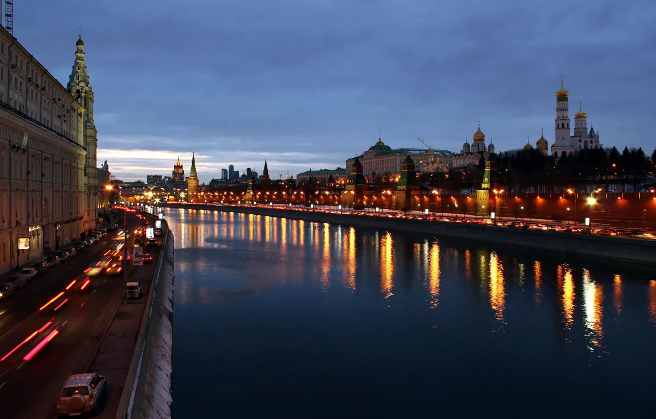 Photo wallpaper road, the city, lights, river, building, the evening, Moscow, The Kremlin