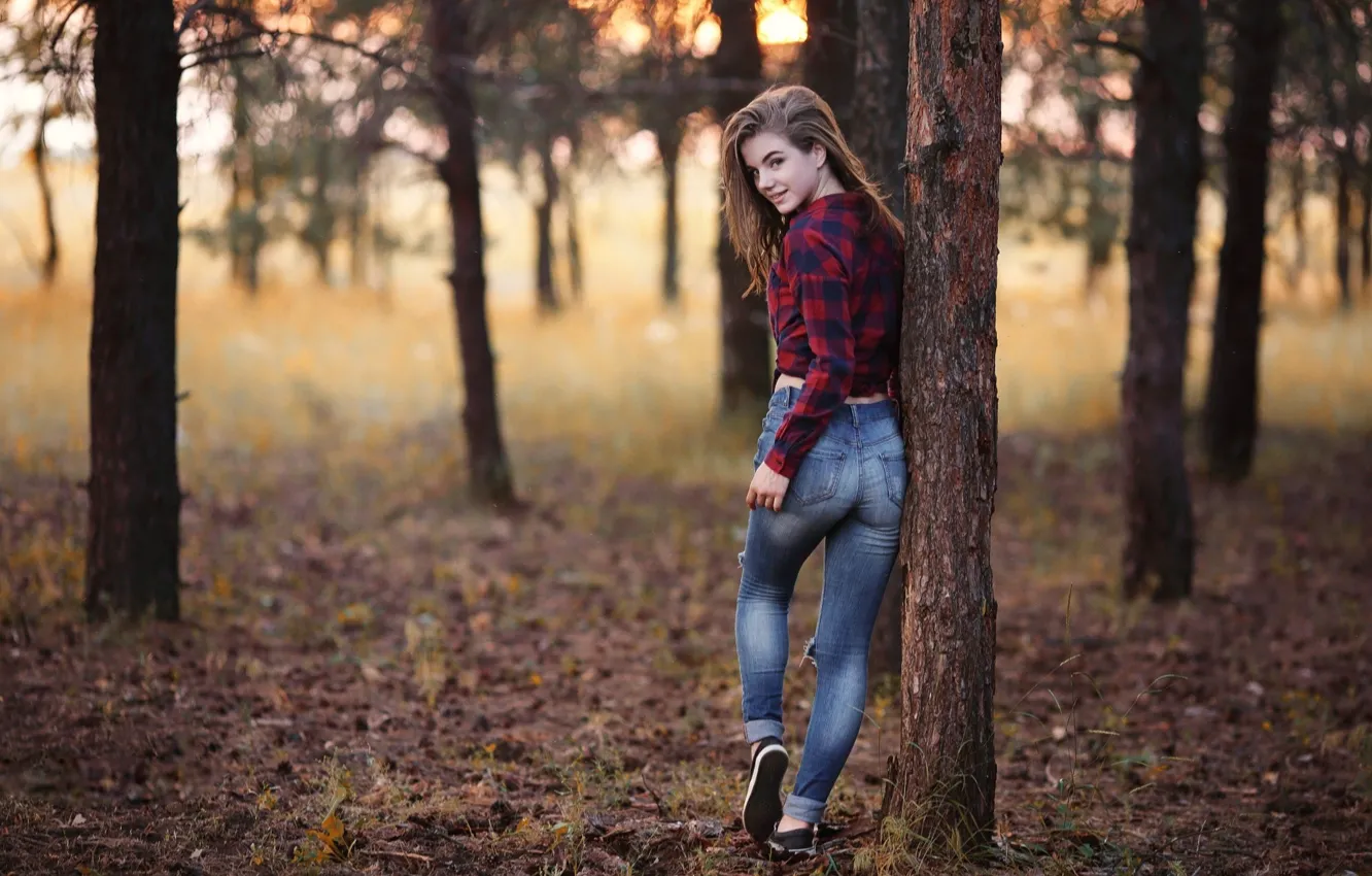 Photo wallpaper girl, forest, trees, nature, photo, photographer, blue eyes, leaves