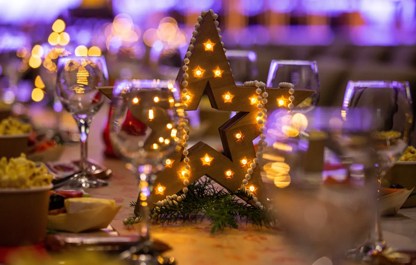 Photo wallpaper stars, light, lights, lights, table, holiday, Shine, glass