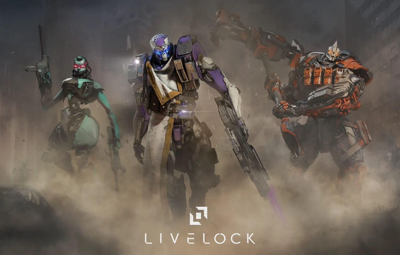 Photo wallpaper city, battlefield, gun, logo, game, Warhammer, robot, armor