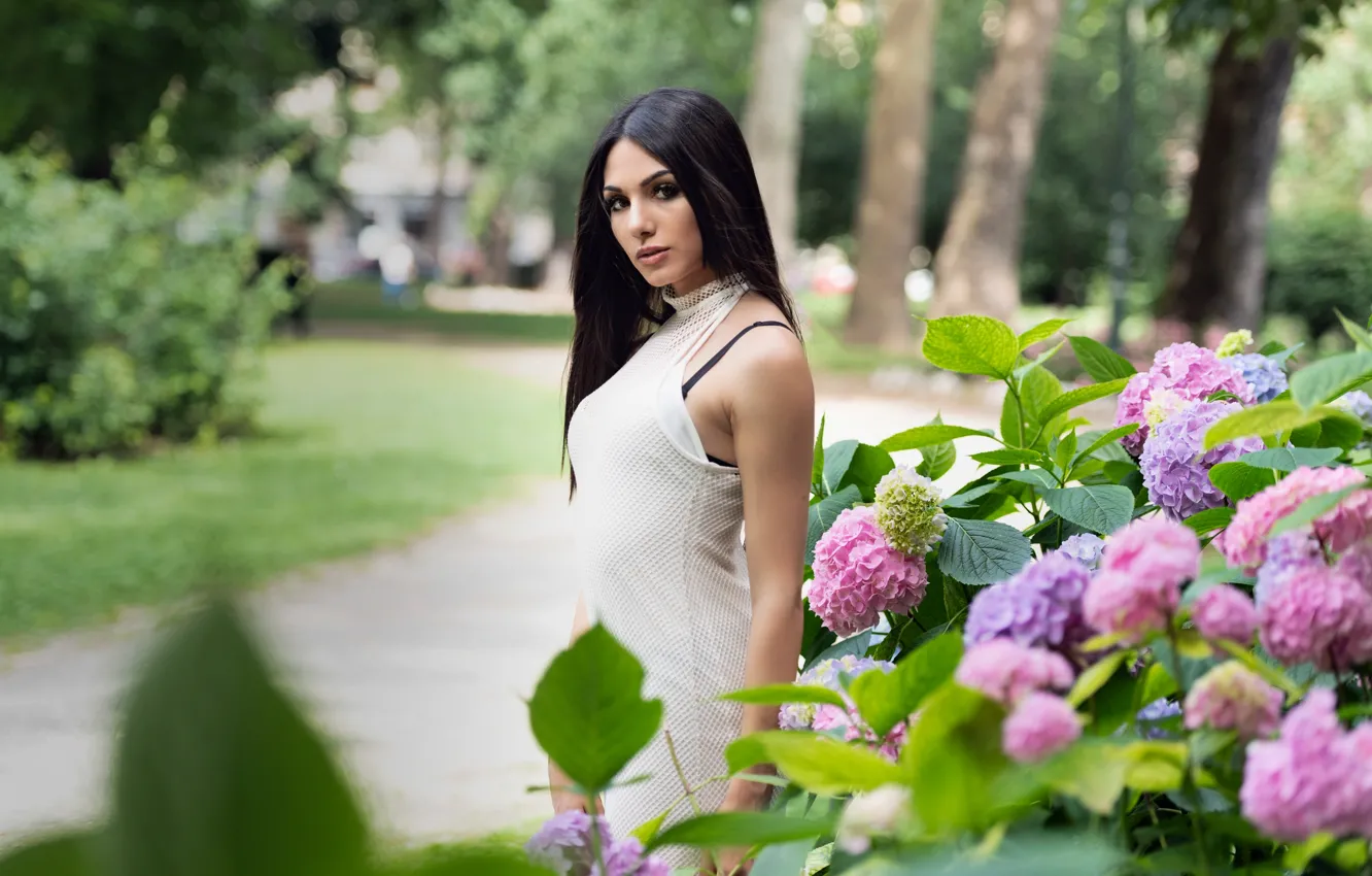 Photo wallpaper look, flowers, sexy, hair, brunette, beauty, Sabrina, bokeh