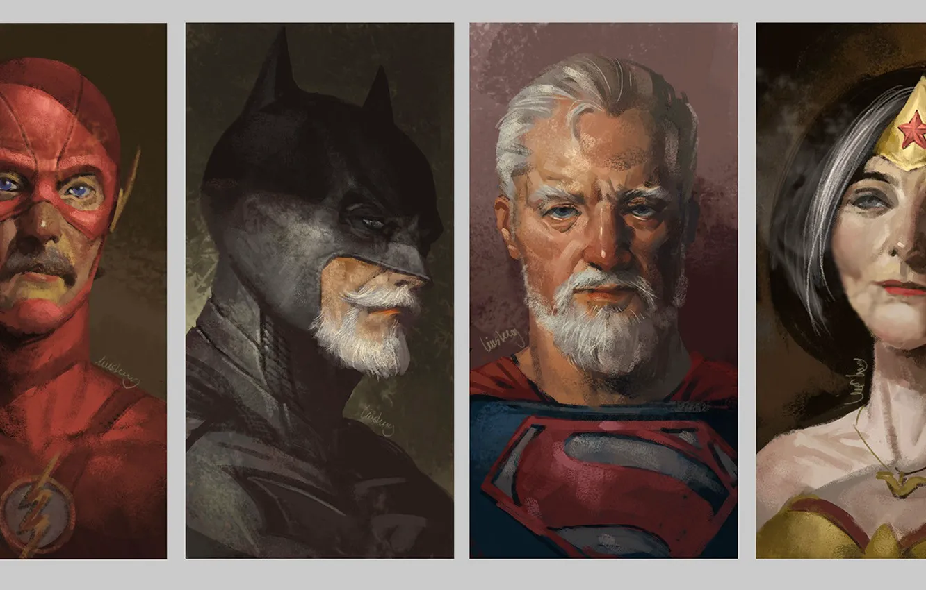Photo wallpaper fantasy, Wonder Woman, Batman, old, Marvel, Superman, artwork, superheroes