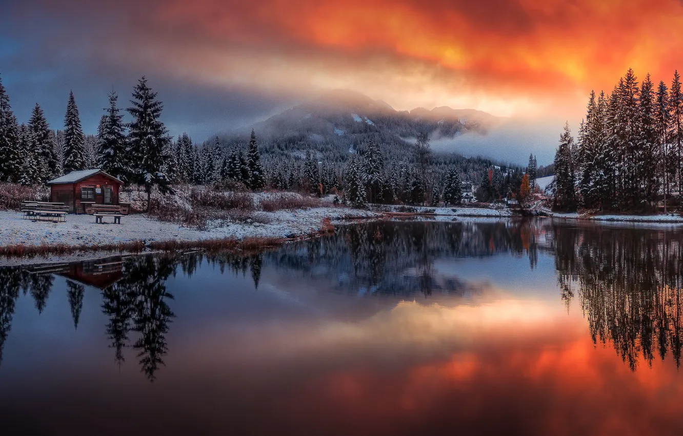 Photo wallpaper winter, sunset, mountains, lake